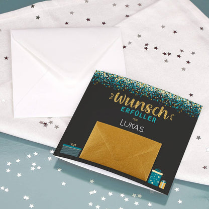 Wunscherfüller - Klappkarte für goldenem Umschlag für Geldscheine