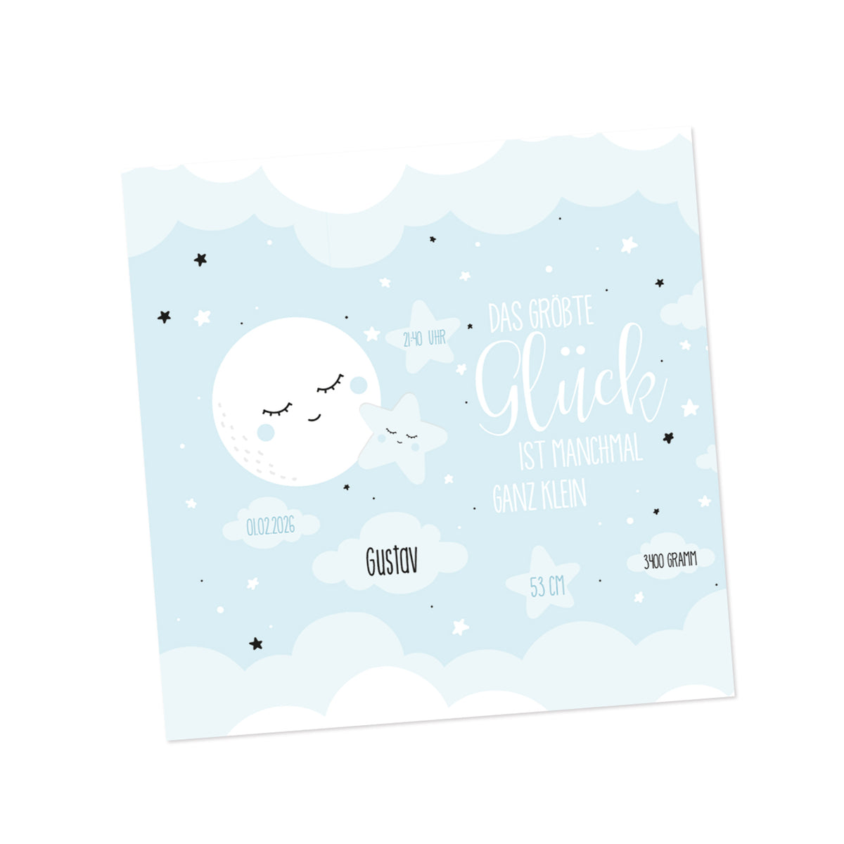 Freigestellte Vorderseite der Geburtskarte für Jungen mit Mond, Sternen und Wolken, personalisiert mit Name sowie Datum, Größe und Gewicht