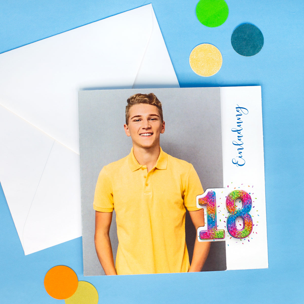 Einladungskarte 18 Geburtstag mit Foto und bunter Konfetti-Zahl auf Vorderseite mit Umschlag