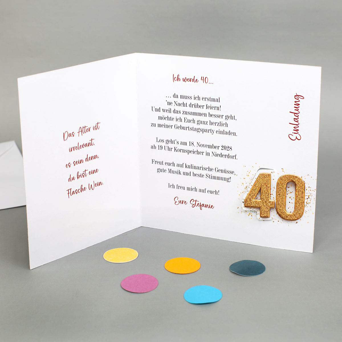 Innenansicht Einladung 40 Geburtstag mit personalisiertem Einladungstext und Gestaltung