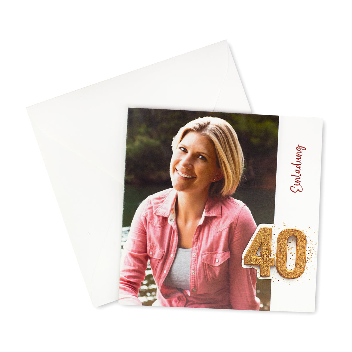Personalisierte Einladungskarte zum 40. Geburtstag mit Foto & goldener Zahl | Klappkarte mit Umschlag