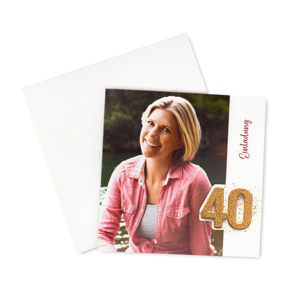 Personalisierte Einladungskarte zum 40. Geburtstag mit Foto & goldener Zahl | Klappkarte mit Umschlag