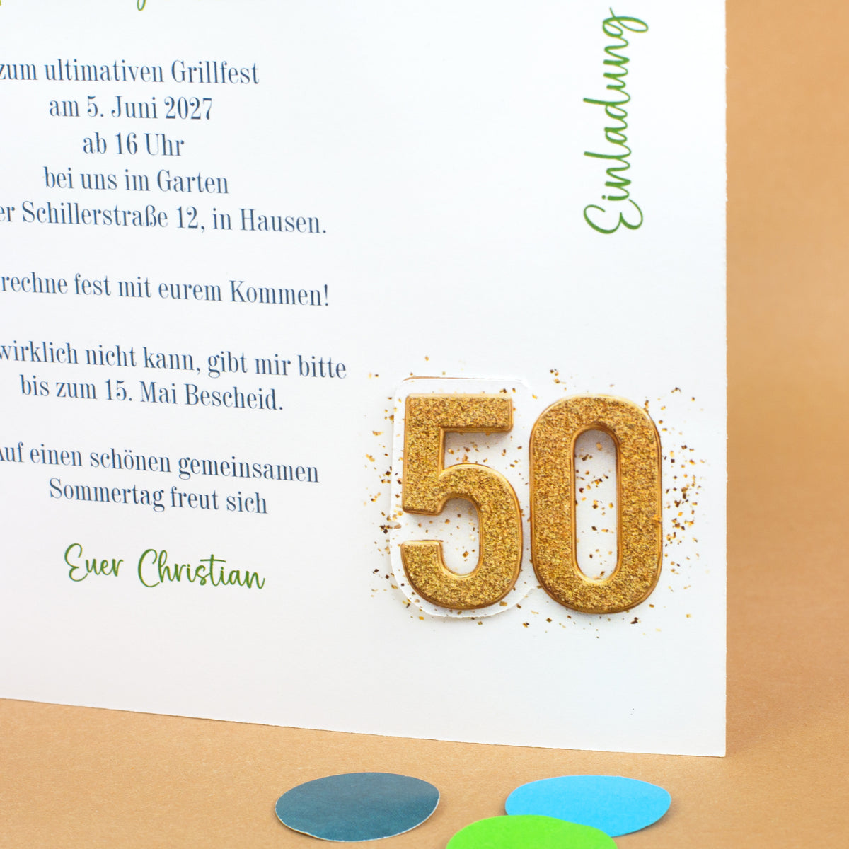 Nahaufnahme der Innenseite mit Einladungstext und Gestaltung zum 50. Geburtstag