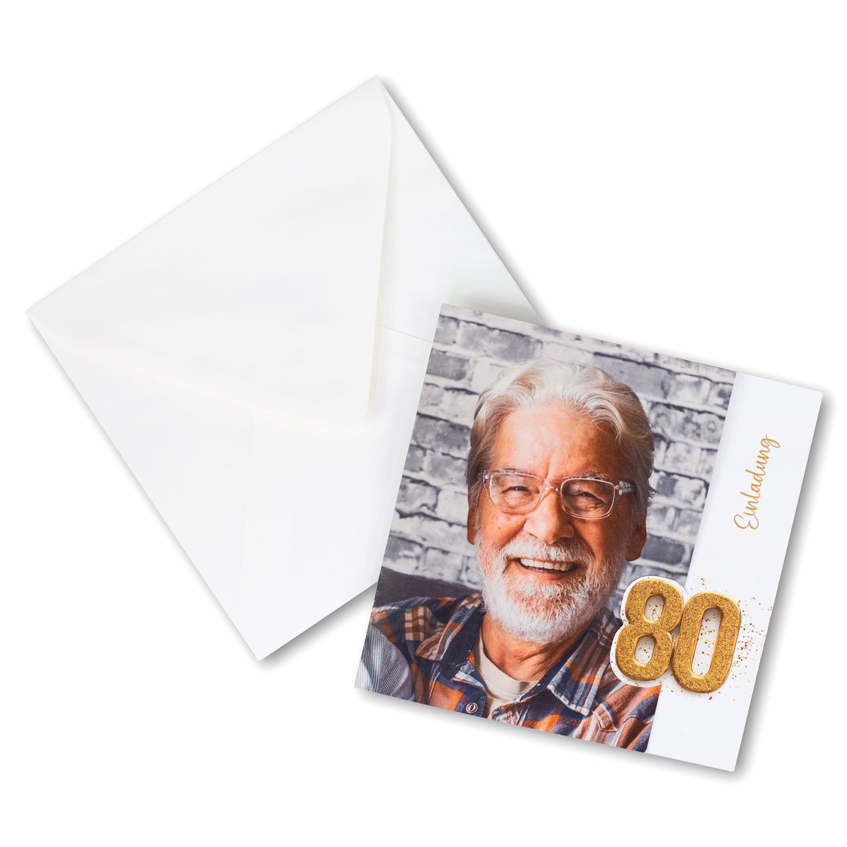Personalisierte Einladungskarte zum 80. Geburtstag mit Foto, Umschlag und edlem Gold-Design