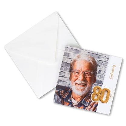 Personalisierte Einladungskarte zum 80. Geburtstag mit Foto, Umschlag und edlem Gold-Design