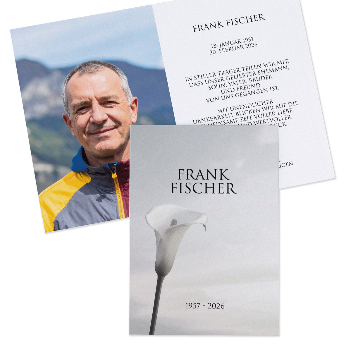Klappkarte zur Trauer mit Calla-Blume und Foto von Frank Fischer außen und innen