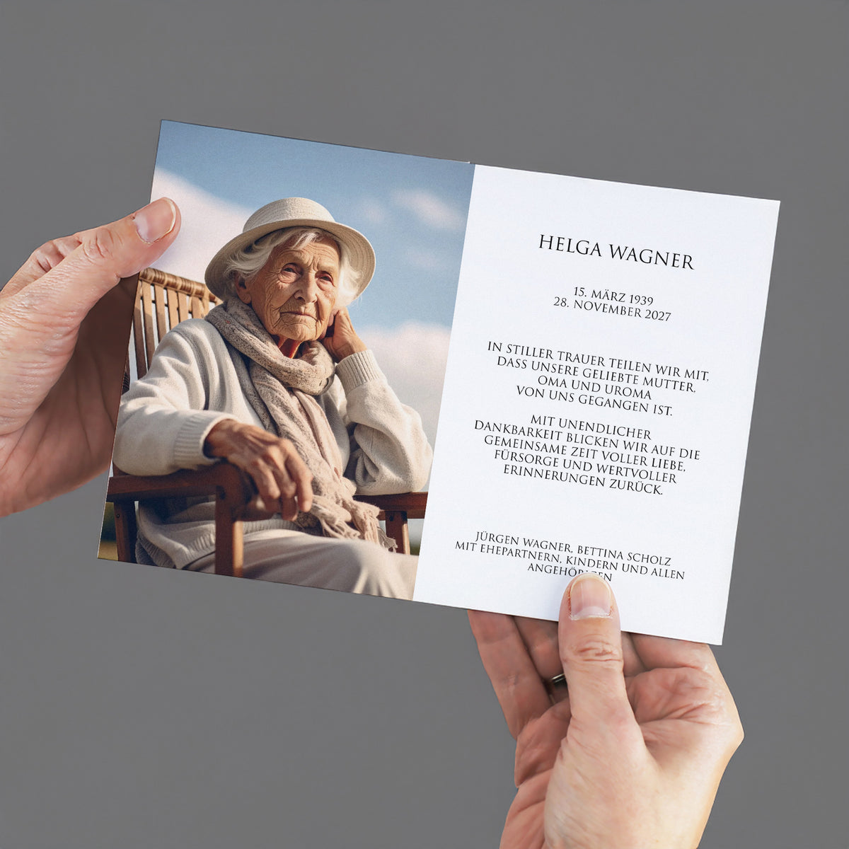 Trauerkarte mit Foto von Helga Wagner und gedrucktem Trauertext im Inneren