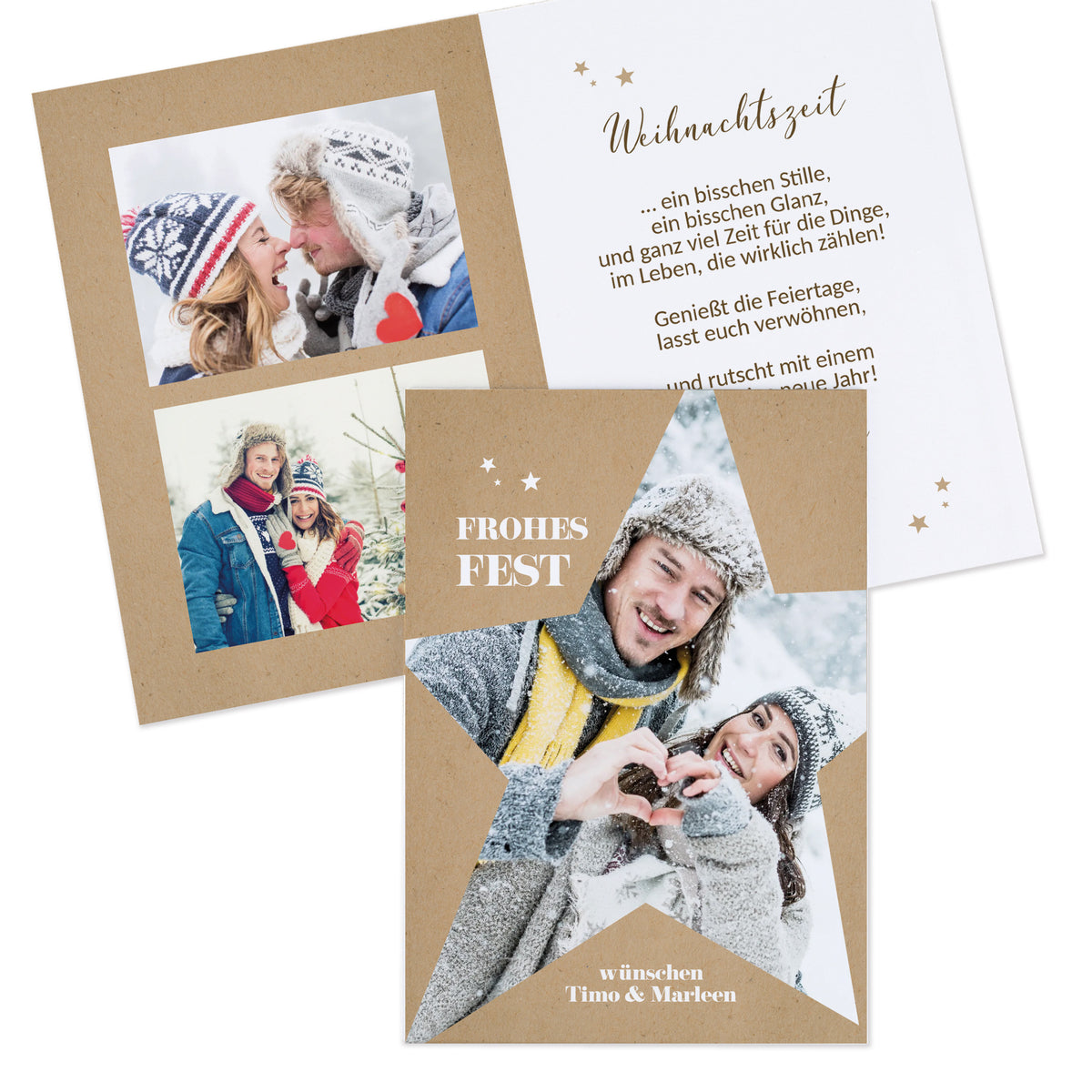 Innen- und Außenseite der Weihnachtskarte mit Fotos und persönlichen Texten gestaltet.
