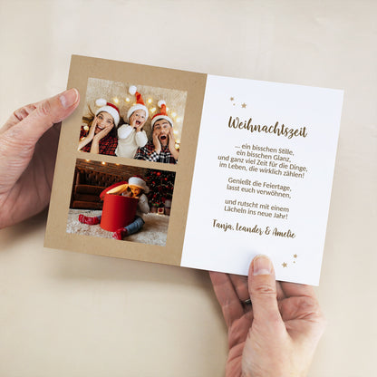 Innenansicht der personalisierten Weihnachtskarte mit zwei Fotos links und individuellem Text rechts.