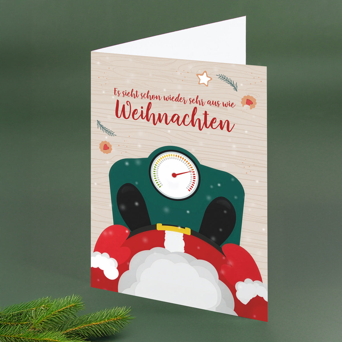 Weihnachtskarte mit witzigem Weihnachtsmann-Motiv und Wunschtext auf der Vorderseite