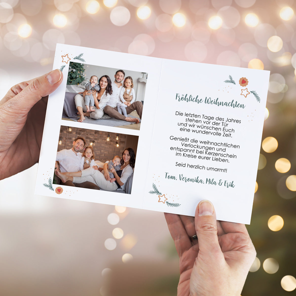 Personalisierte Weihnachtskarte mit Weihnachtsmann auf der Waage und individuellem Text im Inneren