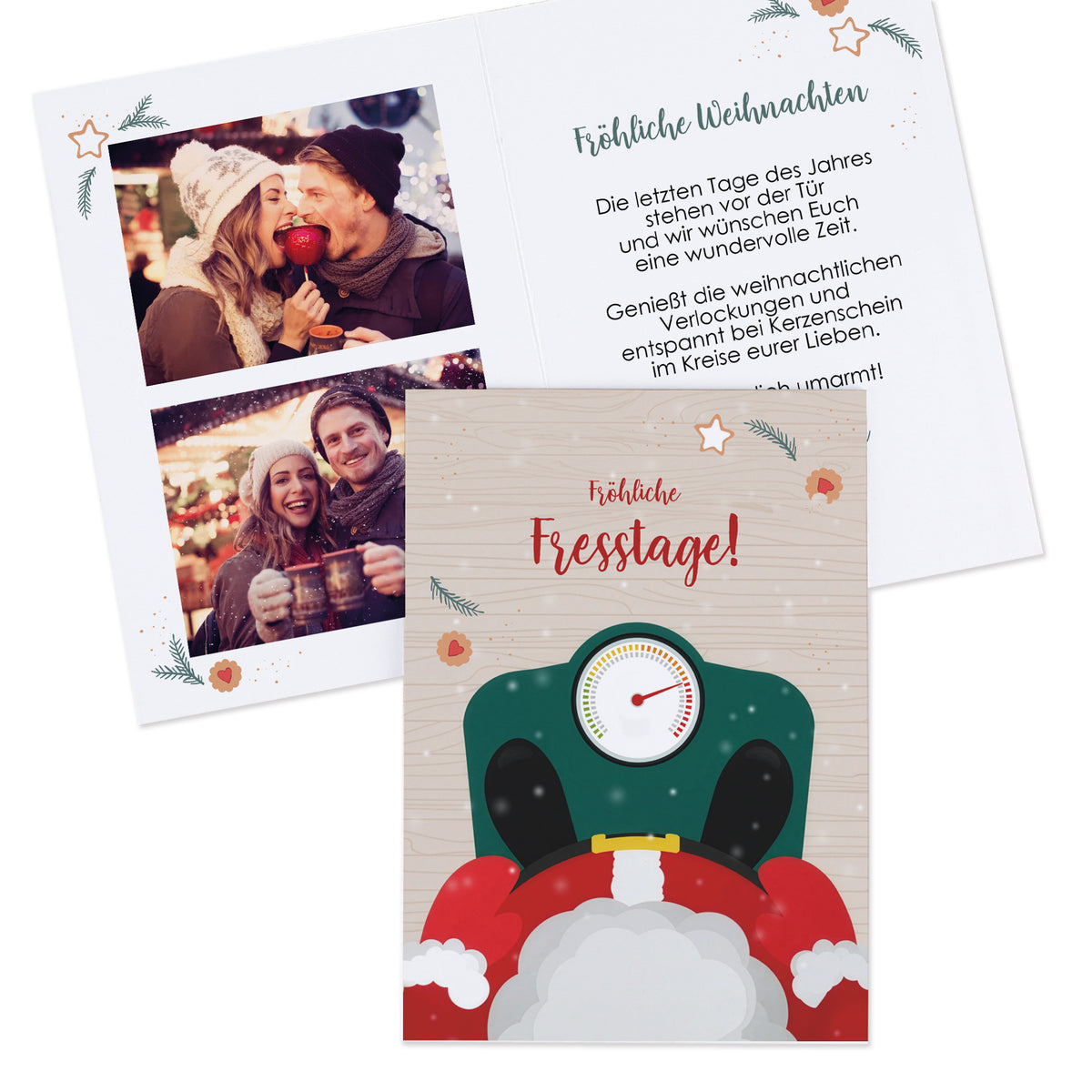 Klappkarte mit Weihnachtsmann auf der Waage und Platz für zwei Fotos im Inneren