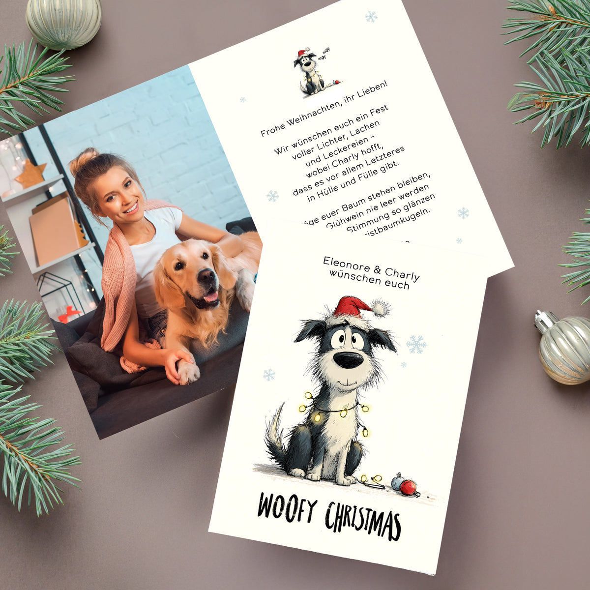 Klappkarte zu Weihnachten mit niedlichem Hund, Weihnachtsgruß und Foto – festliche Gestaltung.