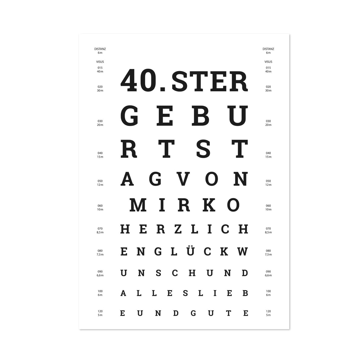 Witzige große Klappkarte in A4 mit Sehtest Motiv und Pesonaliiserung