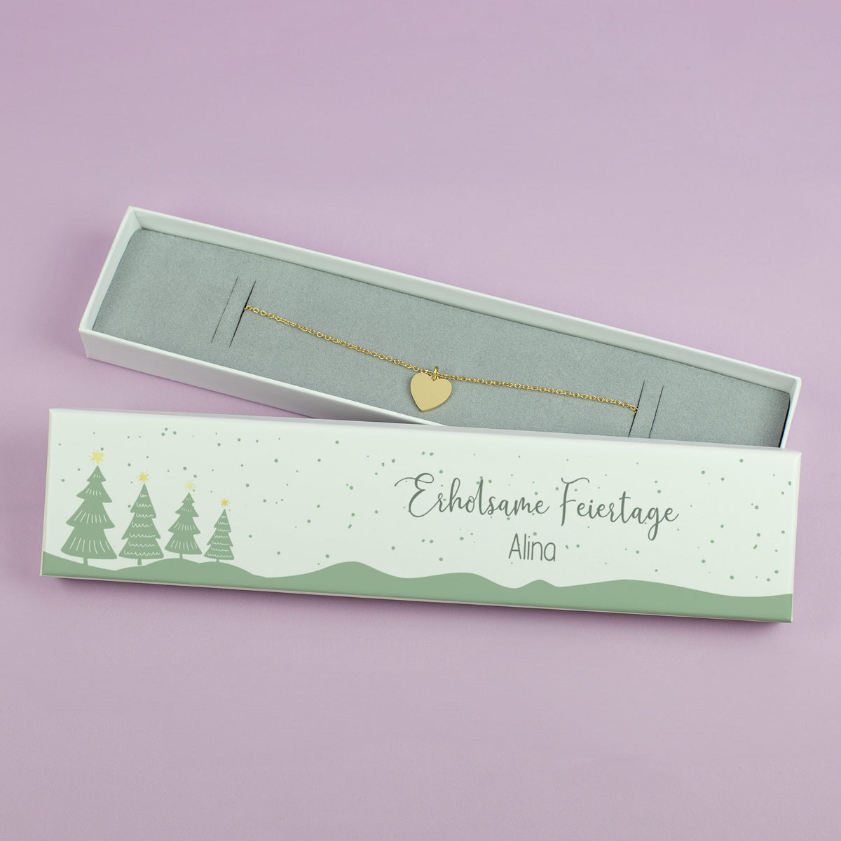 Geschenkbox für Armbänder zu Weihnachten mit Name Alina und Schriftzug Erholsame Feiertage