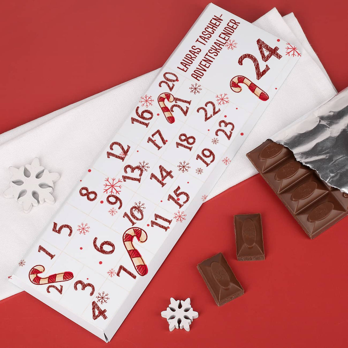 Mini-Adventskalender als Schokoladentafel mit Text nach Wunsch 