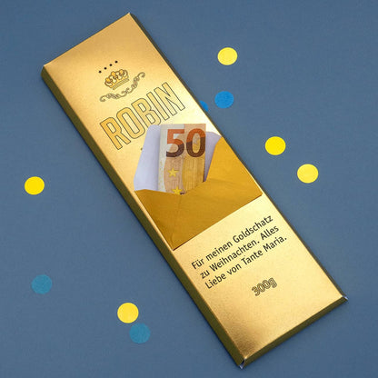 Schokolade in Goldbarren-Optik mit Umschlag, Name und Wunschtext