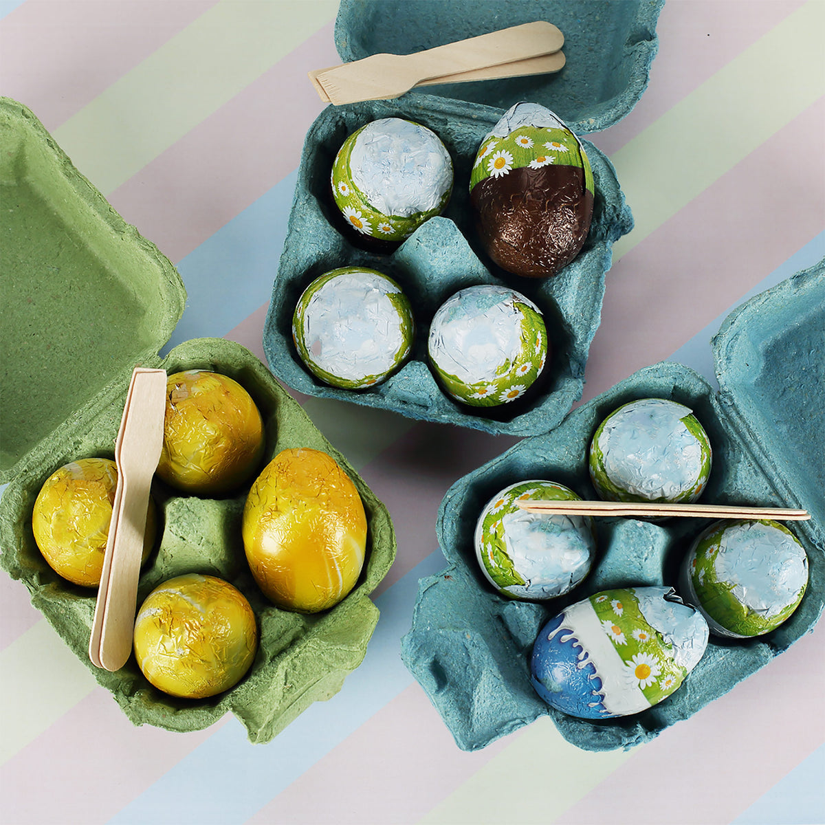 "Frohe Ostern" Schokoeier mit Wunschname & buntem Oster-Motiv | 4 Löffeleier