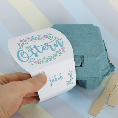 Schokoeier im Eierkarton "Frohe Ostern" personalisiert mit Wunschname | 4 Löffeleier