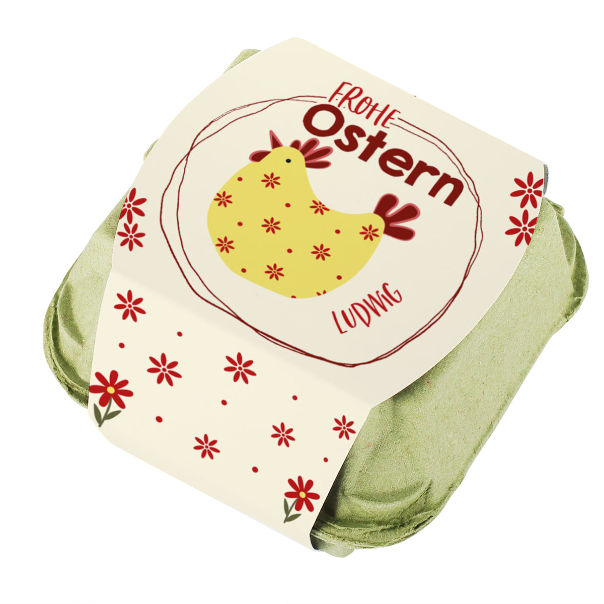 Personalisierter Eierkarton mit Schokoeiern und Banderole „Frohe Ostern“ mit Name