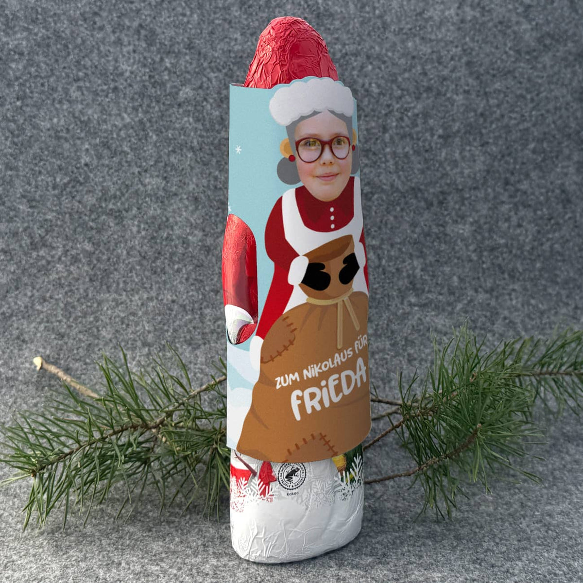 Schokoladen-Weihnachtsfrau mit Ihrem Foto und Wunschtext