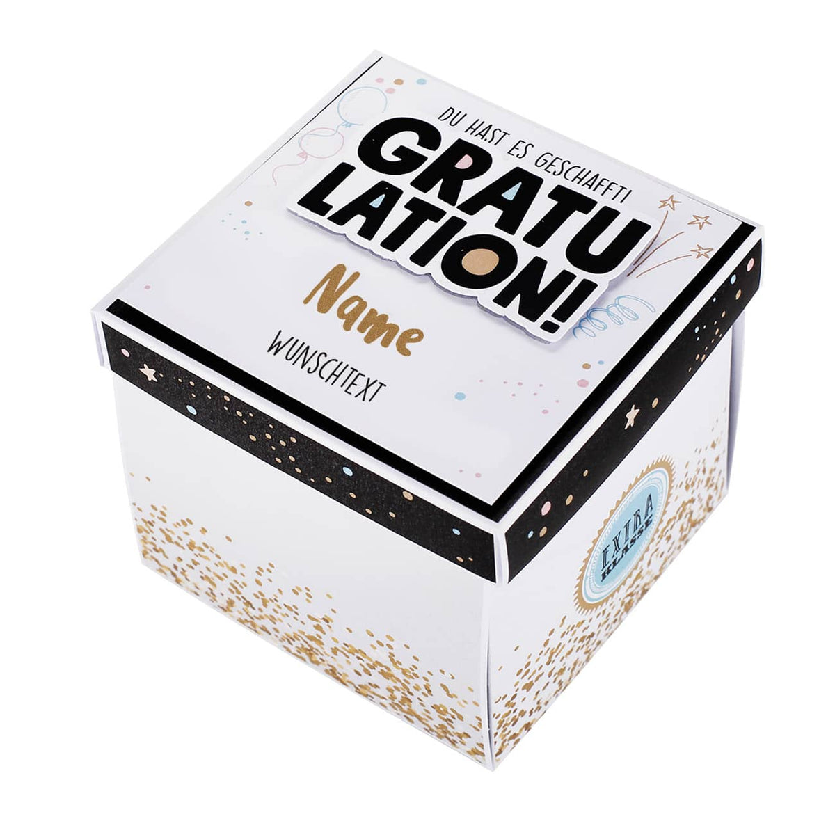 Gratulation, du hast es geschafft! -  Geschenkbox mit Name und Wunschtext