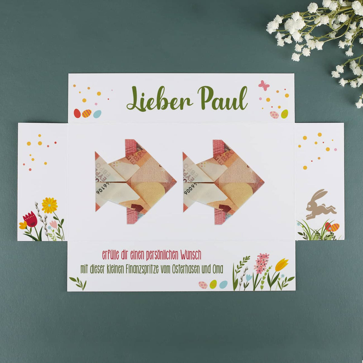 Geldgeschenk zu Ostern, Explosionsbox mit Name und Text