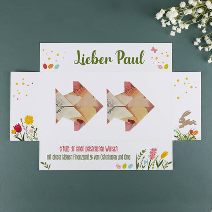 Geldgeschenk zu Ostern, Explosionsbox mit Name und Text