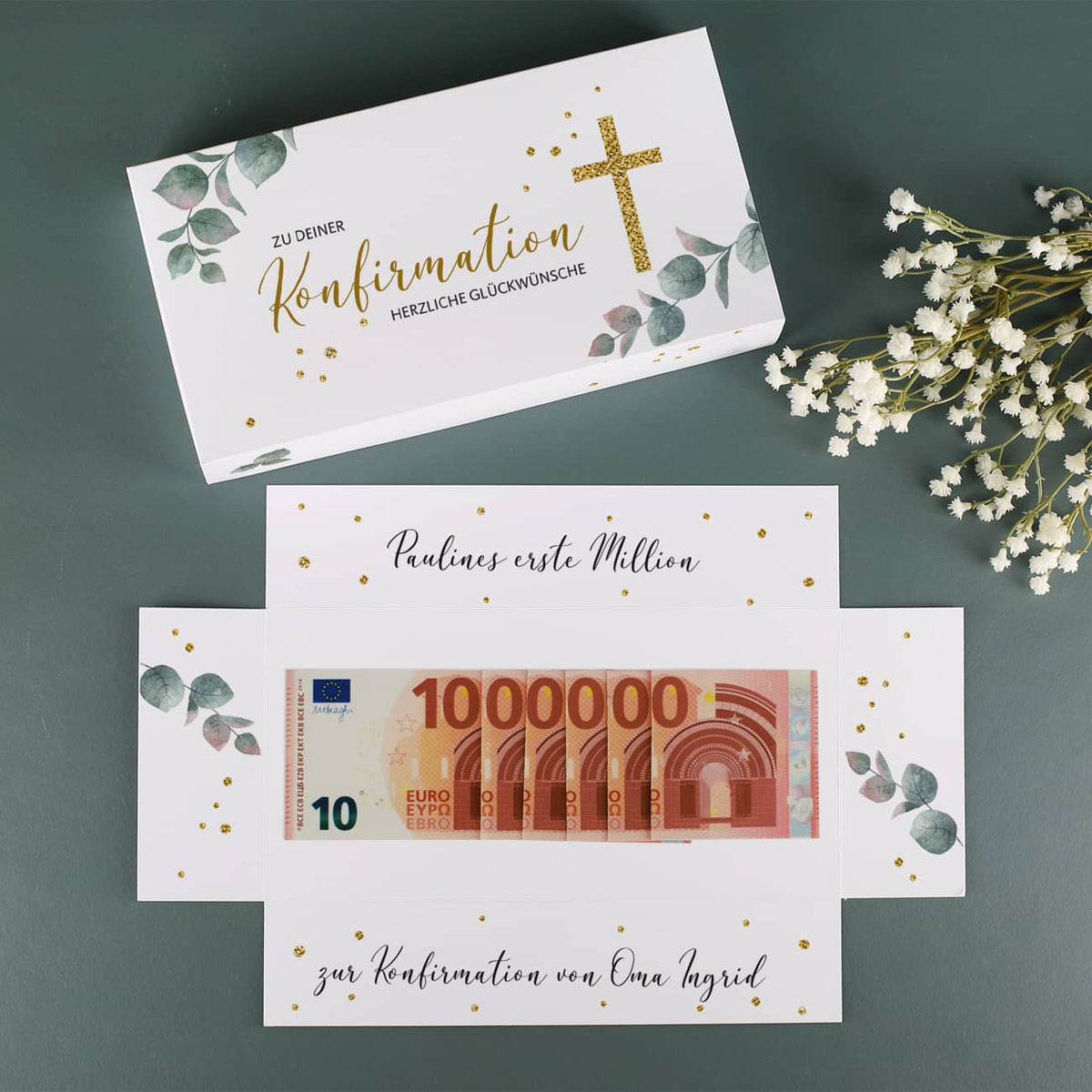 Geldgeschenk zur Konfirmation, erste Million Explosionsbox mit Ihrem Text