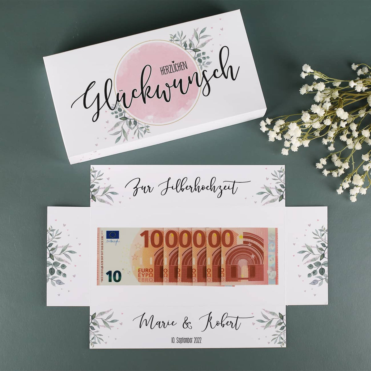 Verpackung für Geldgeschenke zur Silberhochzeit mit persönlichem Aufdruck
