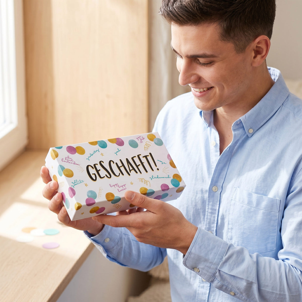 Geschafft! - Überraschungsbox für Geldgeschenke zum Bachelor oder Master