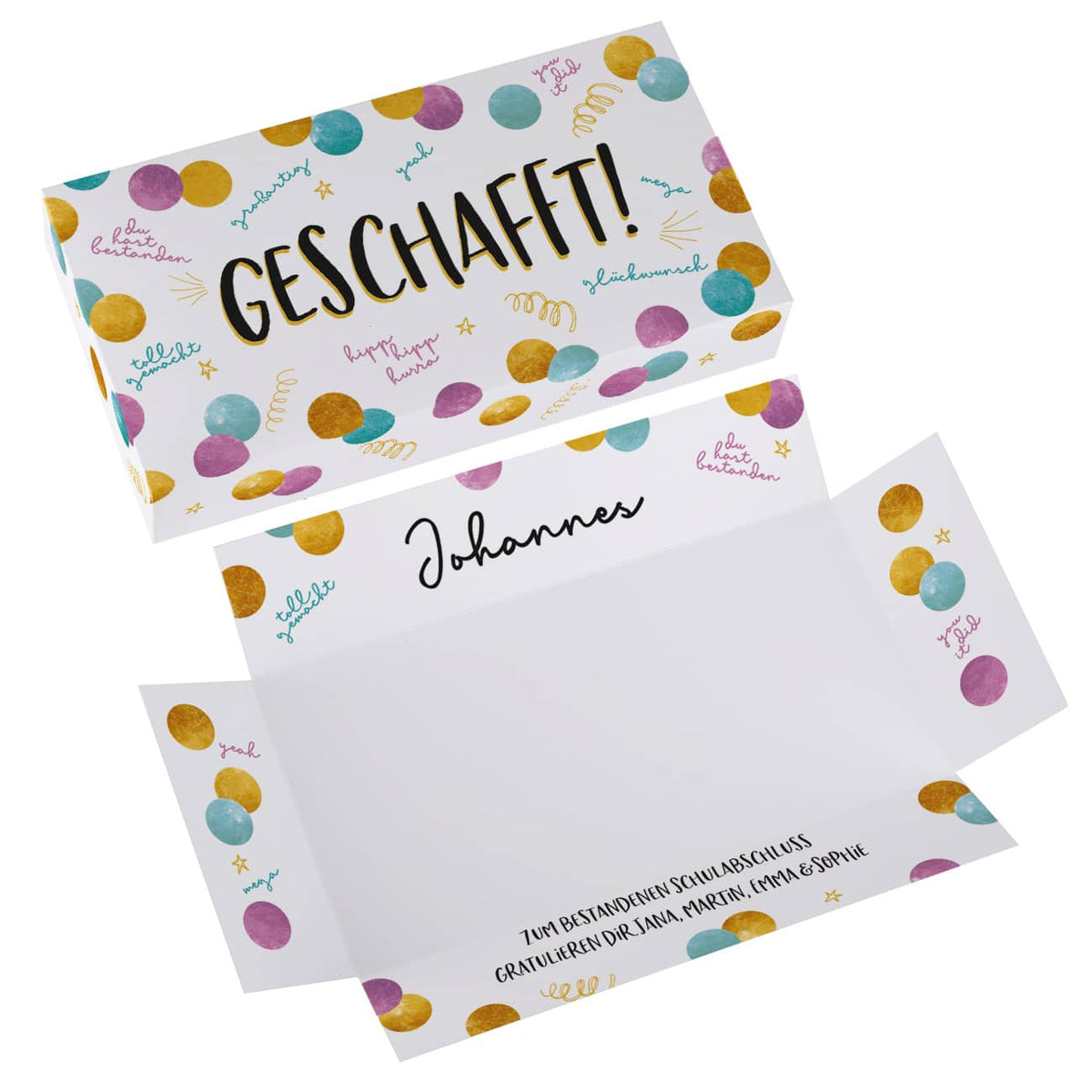 Geschafft! - persönliche Überraschungsbox für Geldgeschenke zum Abi, Schulabschluss und mehr