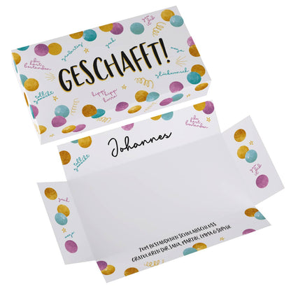 Geschafft! - persönliche Überraschungsbox für Geldgeschenke zum Abi, Schulabschluss und mehr