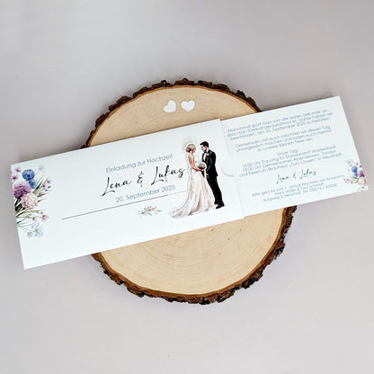 Einladung zur Hochzeit - Ziehkarte mit Brautpaar und lila Blumen (Motiv 2)