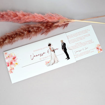 Einladung zur Hochzeit - Ziehkarte mit Brautpaar und rosa Blumen (Motiv 4)