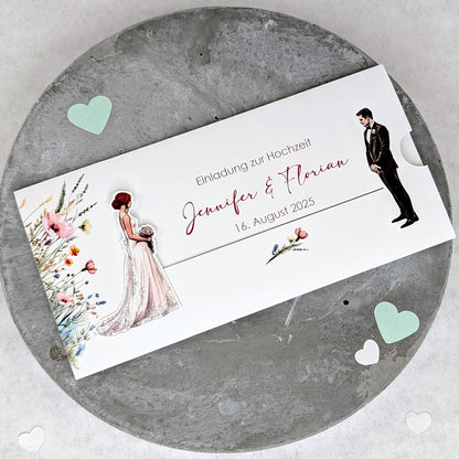 Hochzeitseinladung - Ziehkarte mit Brautpaar und Wiesenblumen (Motiv 5)