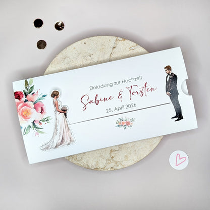 Hochzeitseinladung - Ziehkarte mit Brautpaar und Rosen (Motiv 6)