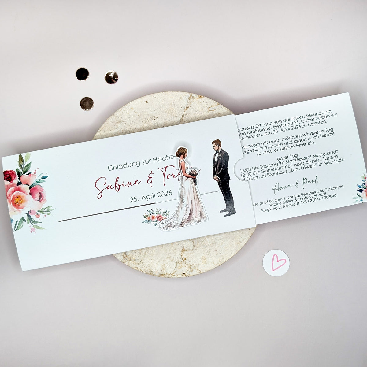 Einladung zur Hochzeit - Ziehkarte mit Brautpaar und Rosen (Motiv 6)