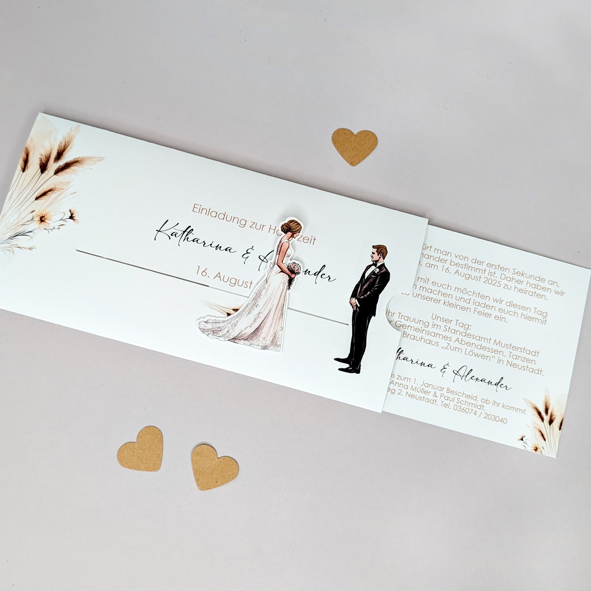 Einladung zur Hochzeit - Ziehkarte mit Brautpaar und Pampasgras (Motiv 7)
