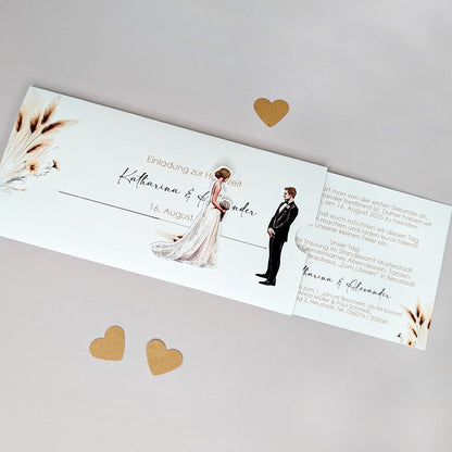 Einladung zur Hochzeit - Ziehkarte mit Brautpaar und Pampasgras (Motiv 7)