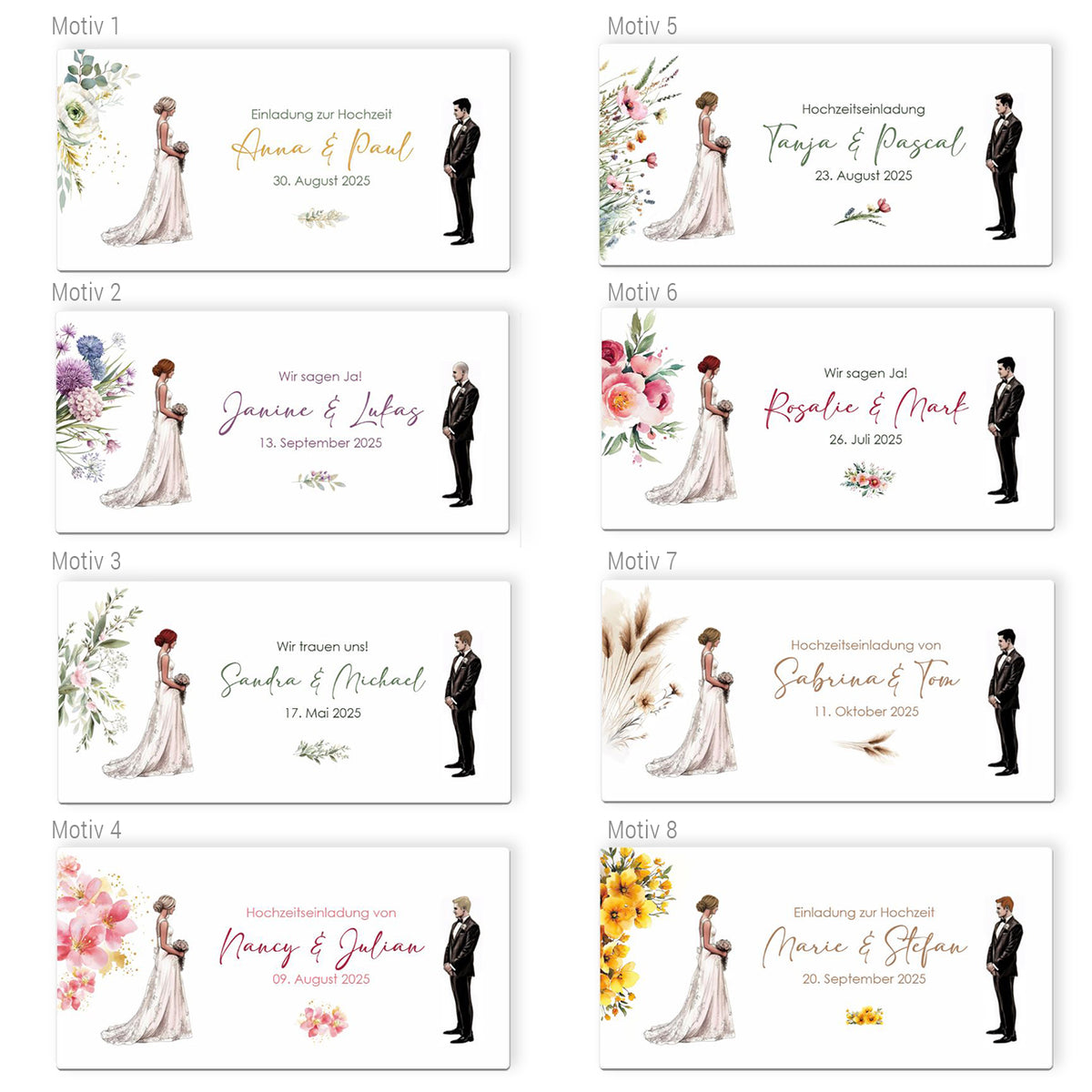 Hochzeitseinladung - Ziehkarte mit Brautpaar und mit 8 verschiedenen Hintergründen zur Auswahl