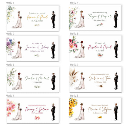 Hochzeitseinladung - Ziehkarte mit Brautpaar und mit 8 verschiedenen Hintergründen zur Auswahl