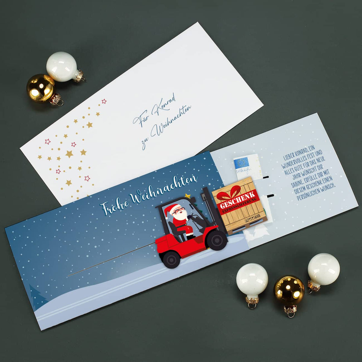Geldgeschenk zu Weihnachten - Karte mit Gabelstapler & Wunschtext