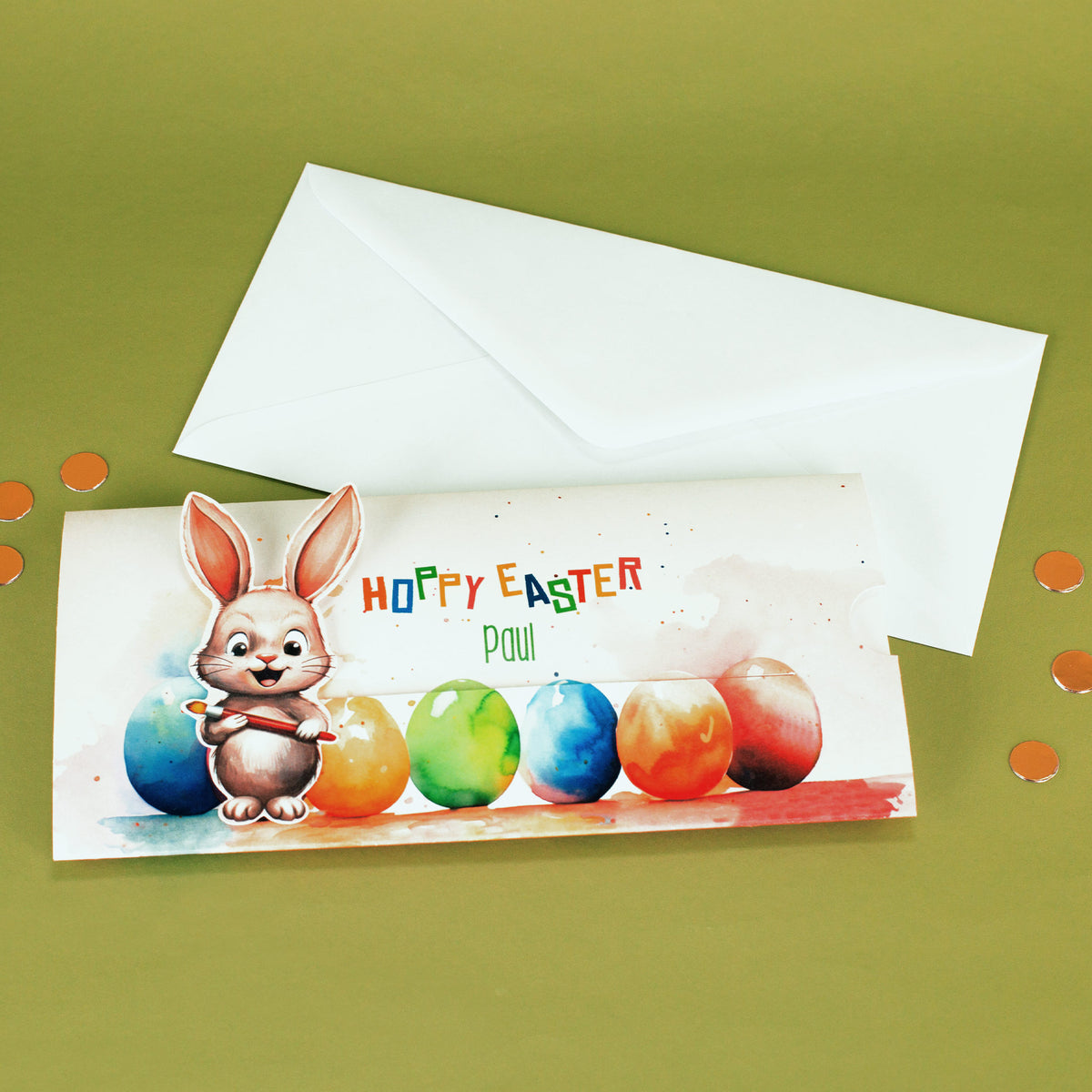 Geldgeschenk zu Ostern - Ziehkarte mit niedlichem Hasen und Ihrem Text