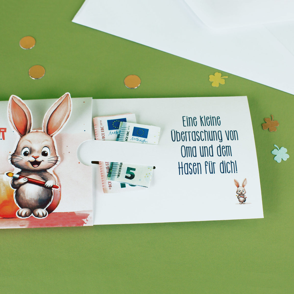 Geldgeschenk zu Ostern - Ziehkarte mit niedlichem Hasen und Ihrem Text