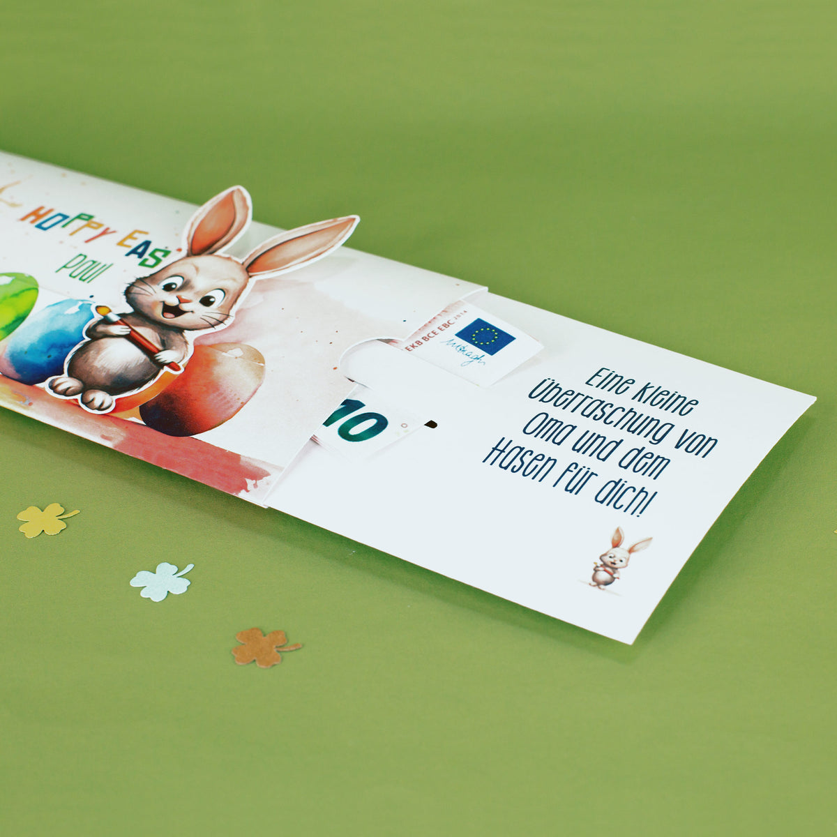 Geldgeschenk zu Ostern - Ziehkarte mit niedlichem Hasen und Ihrem Text