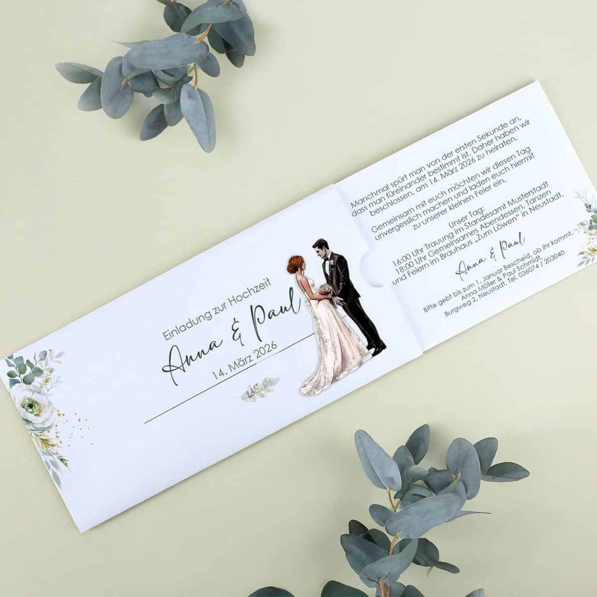 Einladung zur Hochzeit - Ziehkarte mit Brautpaar mit Wunschtext