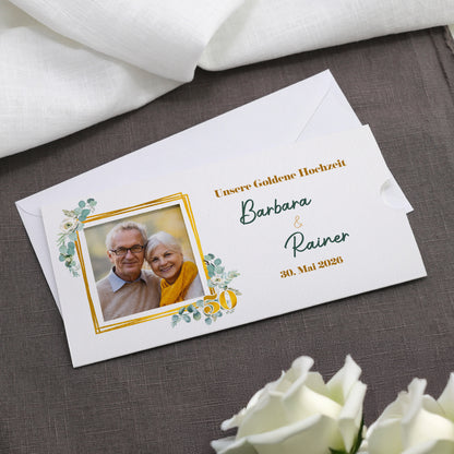 Hochzeitseinladung - Ziehkarte mit zwei Fotos zur Goldhochzeit mit Wunschdaten