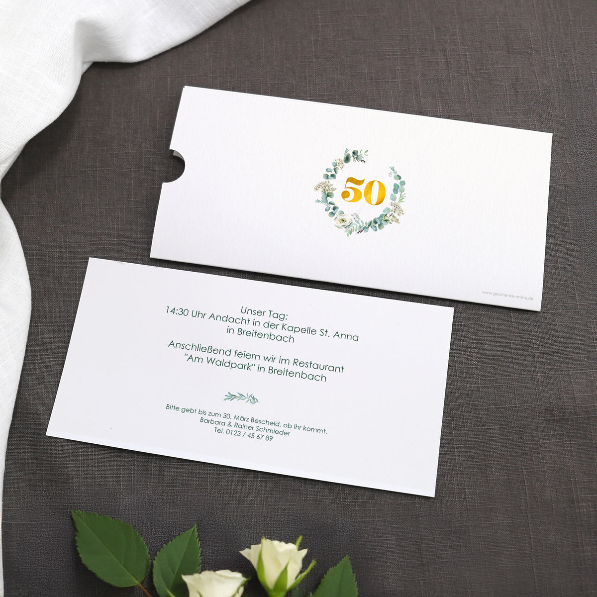 Hochzeitseinladung - Ziehkarte mit zwei Fotos zur Goldhochzeit mit Wunschdaten