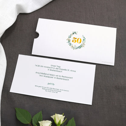 Hochzeitseinladung - Ziehkarte mit zwei Fotos zur Goldhochzeit mit Wunschdaten